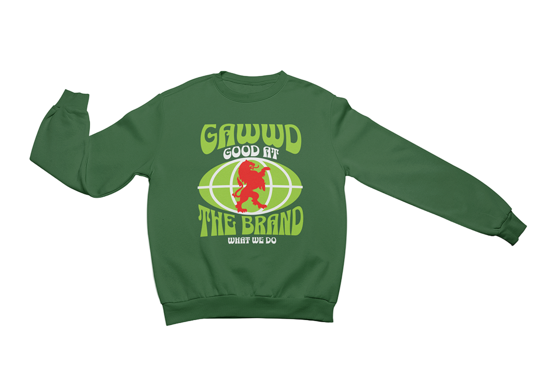 Dark Green sweatshirt with light green, red and white graphic design.
