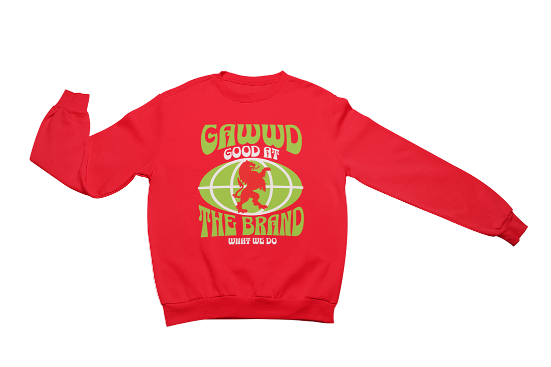 Red sweatshirt with green and white graphic design.