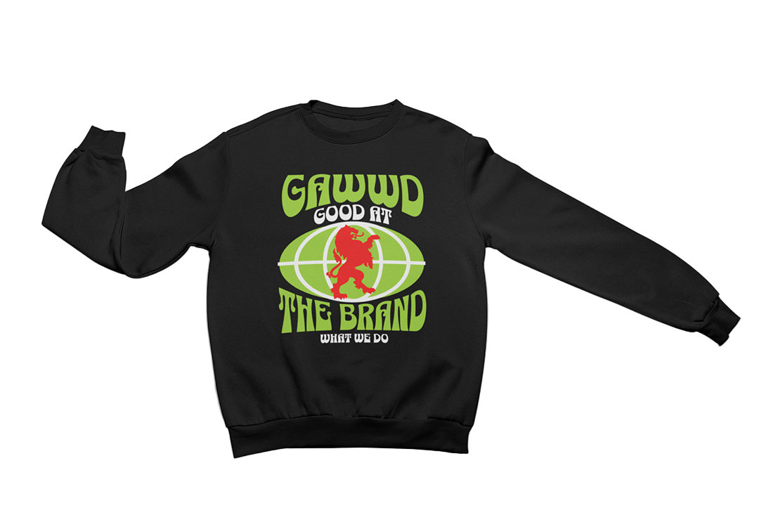 Black sweatshirt with green, red and white graphic design.