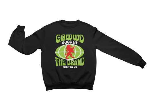 Black sweatshirt with green, red and white graphic design.